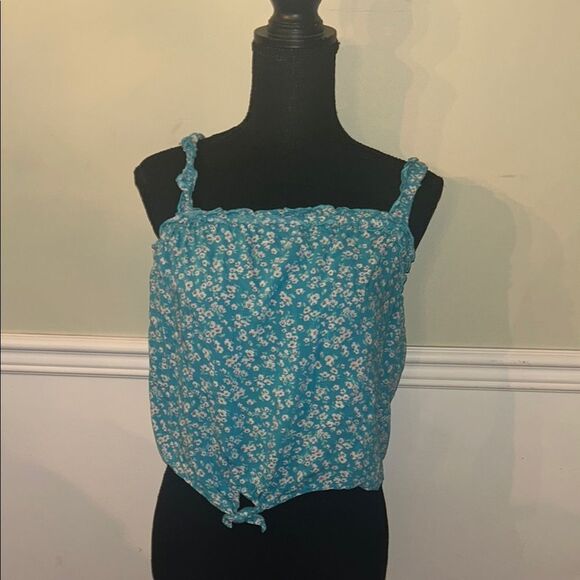 SO Blue Smocked Tie Front Tank Top - Picture 1 of 7